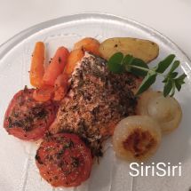 Salmon + Cointreau onions, thyme tomatoes